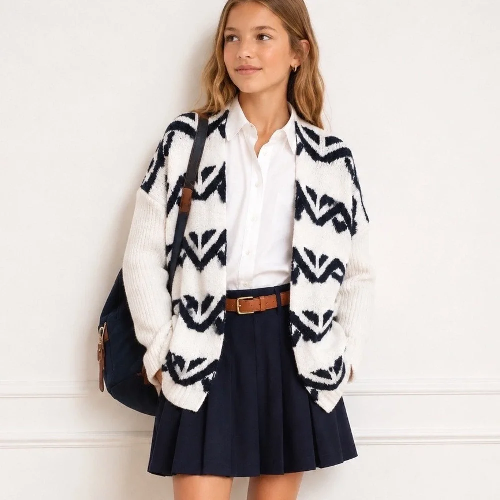 Abercrombie Kids Cardigan Geometric‎ Pattern Cream Black Size 9/10 Open Front